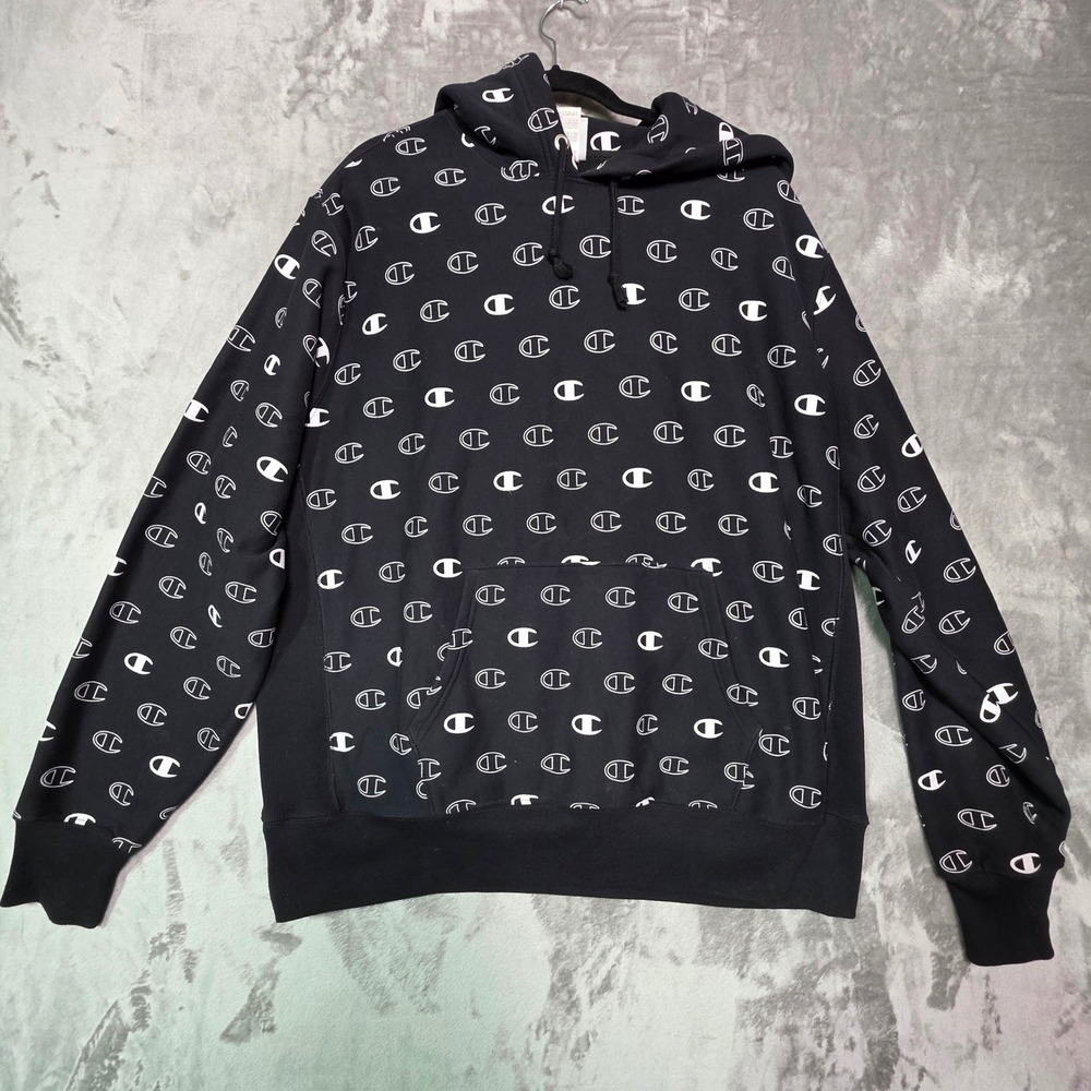 Champion Reverse Weave Hoodie Mens XL Black All Over Logo Print S2974 Sweatshirt